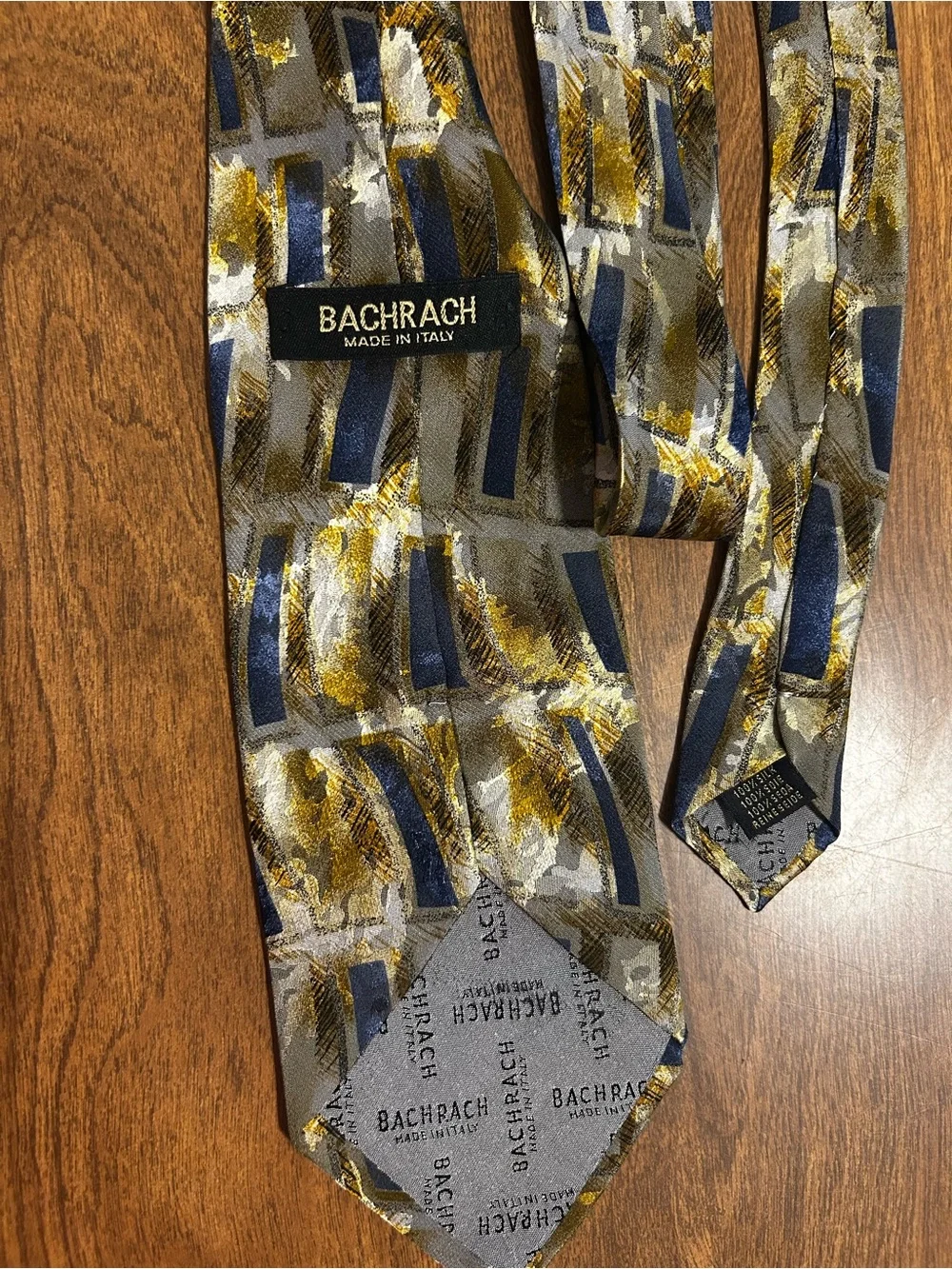 Bachrach 100% Silk Geometric Pattern Men's Tie in Blue and Gold